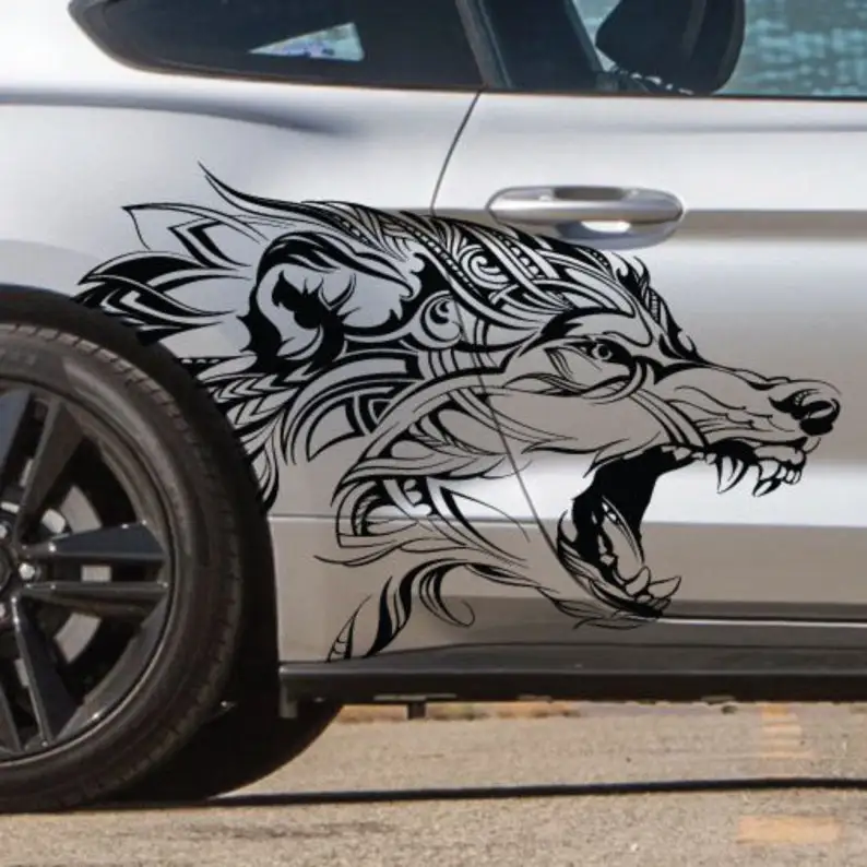 INCLUDES Both Sides - Mustang Ranger Wolf Coyote Grunge Tattoo Design Tribal Door Bed Side Pickup Vehicle Truck Car Vinyl Graphi