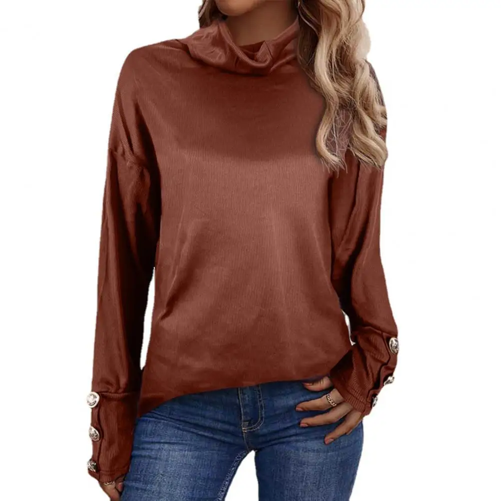 

Women Blouse Ribbed Elastic Warm Loose Fit Solid Bottoming Autumn T-shirt Lady Pullover Daily Clothing