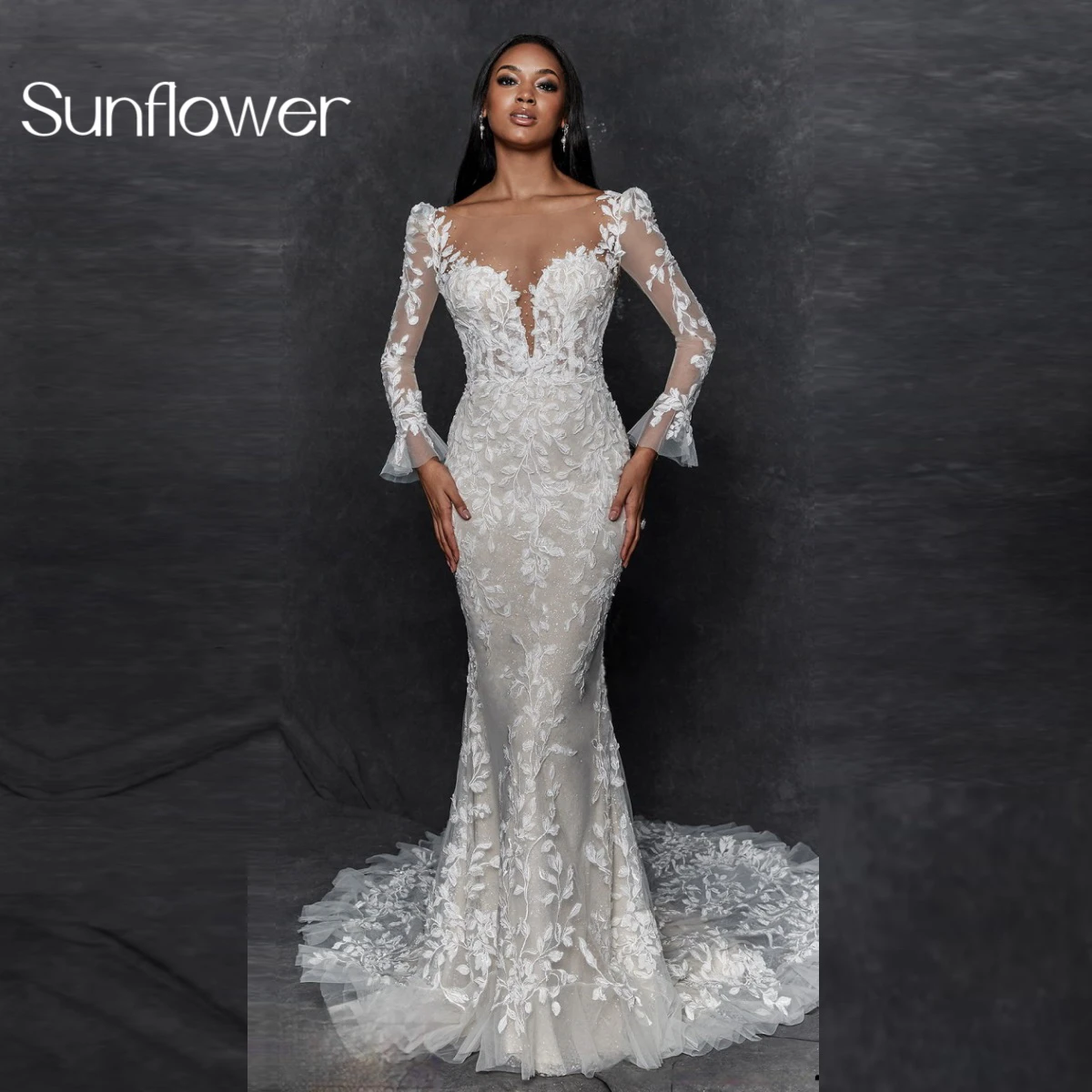

Sunflower Scallop Shape Mermaid Floor-length Applique Lace Tulle Zipper Up Cap Straps Long Sleeves Luxury Wedding Dresses2023