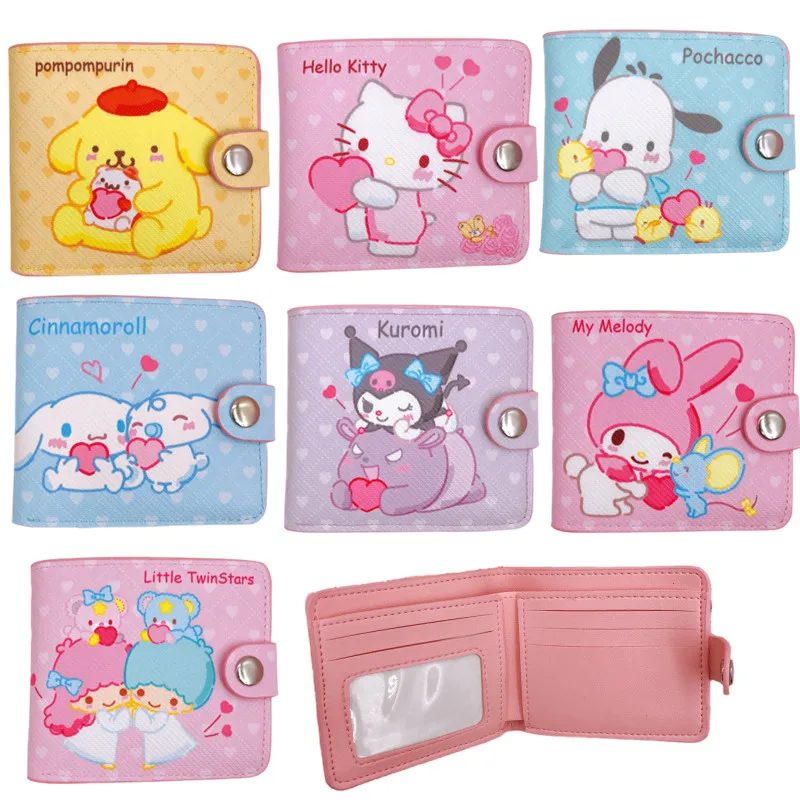 

Cartoon Anime Kuromi Melody Pu Casual Fold Coin Purse Girls Students Dog Hellokitty Button Id Card Wallet Storage Bag Portable