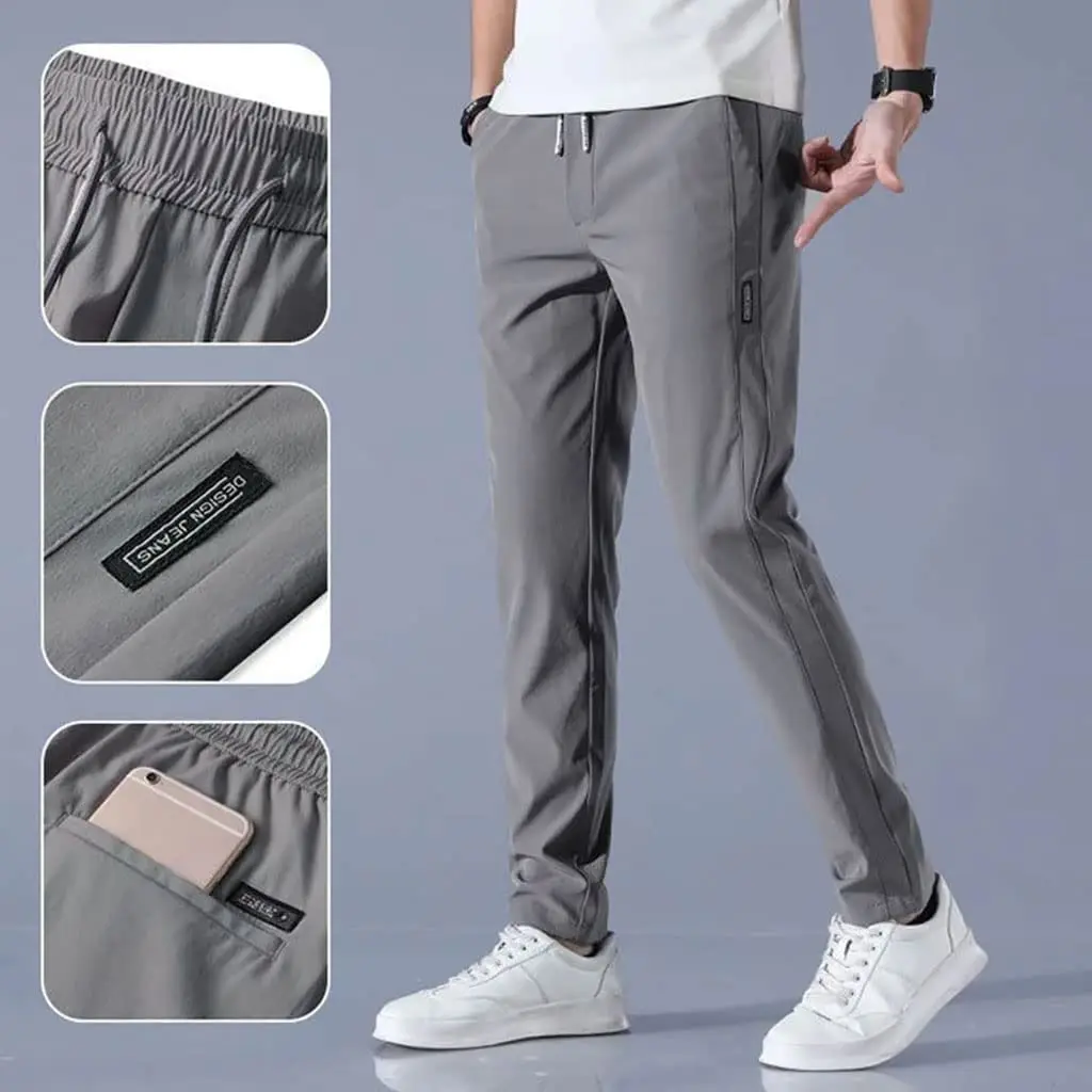 

Ice Silk Men's Pants Straight Casual Trousers Quick Dry Trousers Elastic Sports Pants Running Drawstring Sweatpants with Pockets