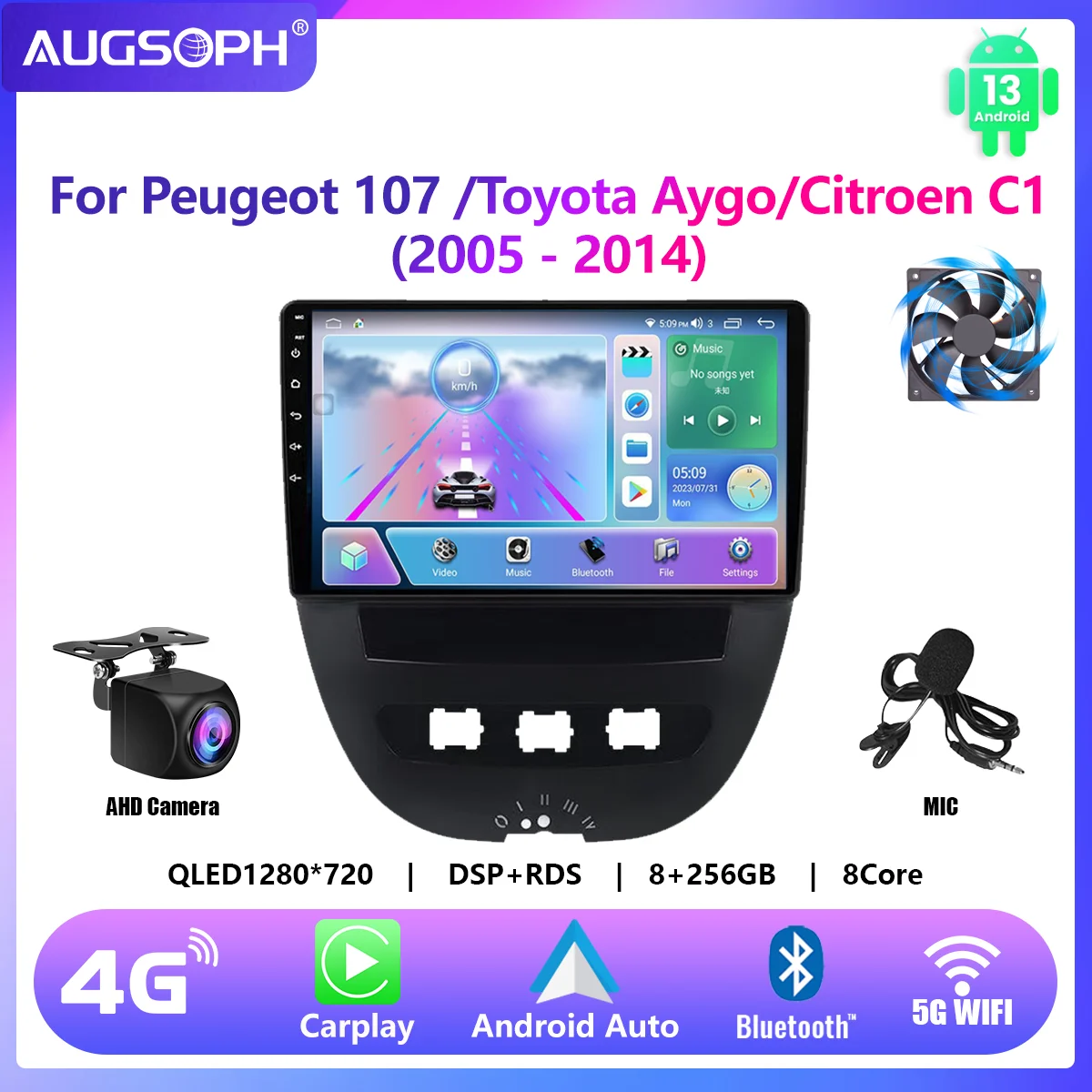 Автомобильный радиоприемник Android 13 для Peugeot 107 Toyota Aygo Citroen C1 2005-2014 9-дюймовый
