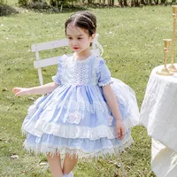 Summer Spanish Style Girl Short Sleeve Lolita Lace Splicing Tassel Design Princess Skirt Baby Party Dance Sweet Lovely Dress