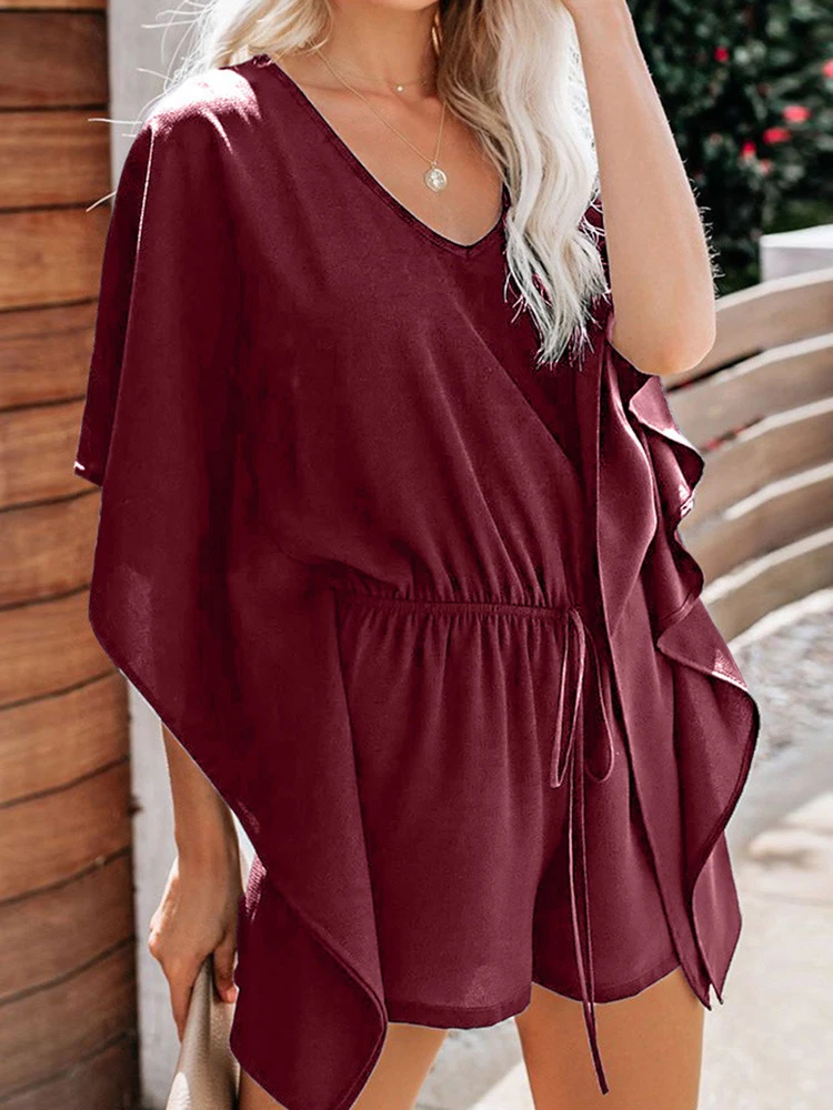 

Ladies Spring Street Chic Shorts Playsuits Women Casual V Neck One Piece Rompers Solid Color Loose Lace Up High Waist Jumpsuits