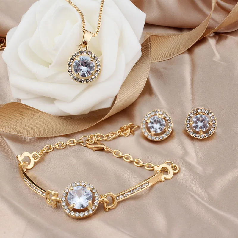 

White Crystal Inlaid Jewelry Set Charm Gold Silver Color Stud Earring For Women Cute Chain Bracelet Wedding Necklace Jewelry Set