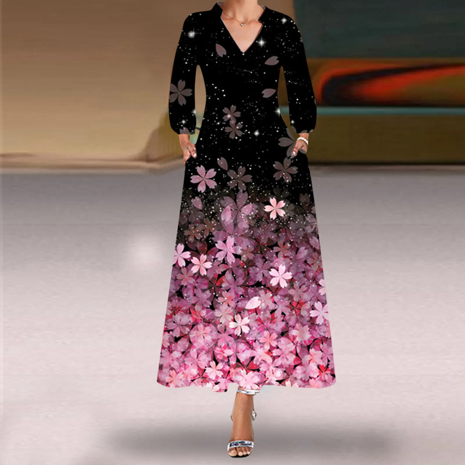 

Women's Fall Dresses Women Casual Long Sleeves Print V Neck Maxi Loose Dress Boho Beach Long Green Business Dresses for Women