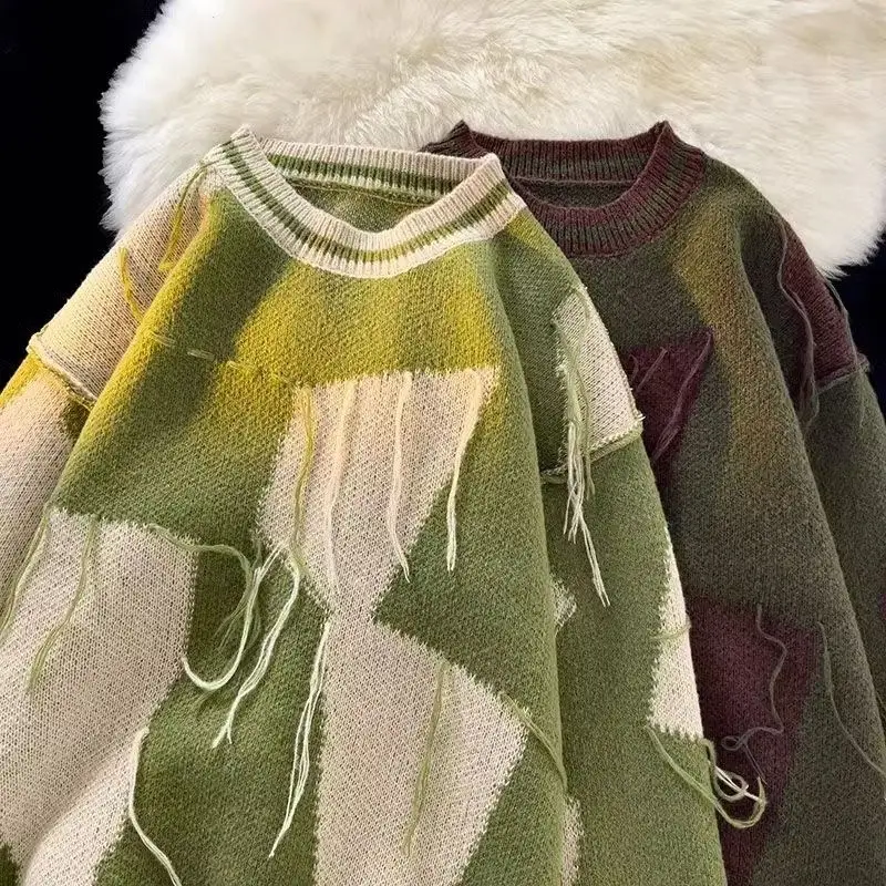 

Autumn And Winter Y2K Streetwear Women New Retro Dringed Irregular Color Matching Sweater Street Punk Lazy Wind Sweater Man