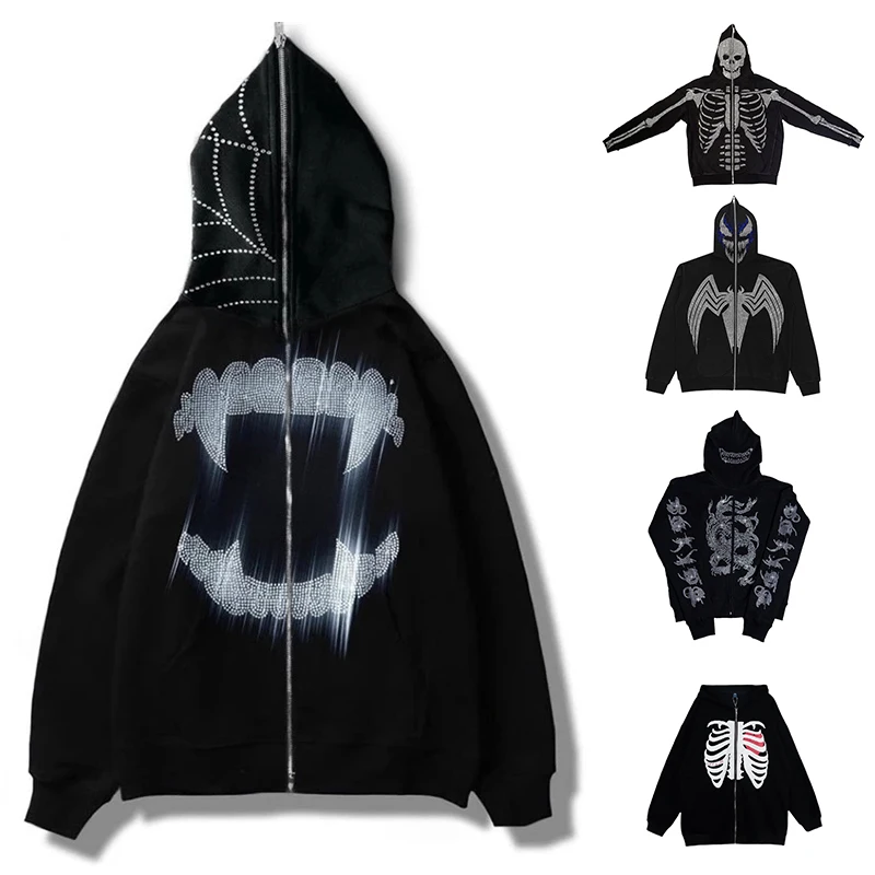 

Skeleton Oversized Full Zip Up Over Face Skull Rhinestone Diamond Y2k Hoodies Men Women Autumn Winter American Zip Up Loose