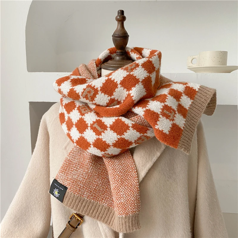 Клетчатый вязаный шарф для женщин, теплый зимний шерстяной шейный платок, толстая шаль в Корейском стиле, женское тёплое кашне Bufanda 2022