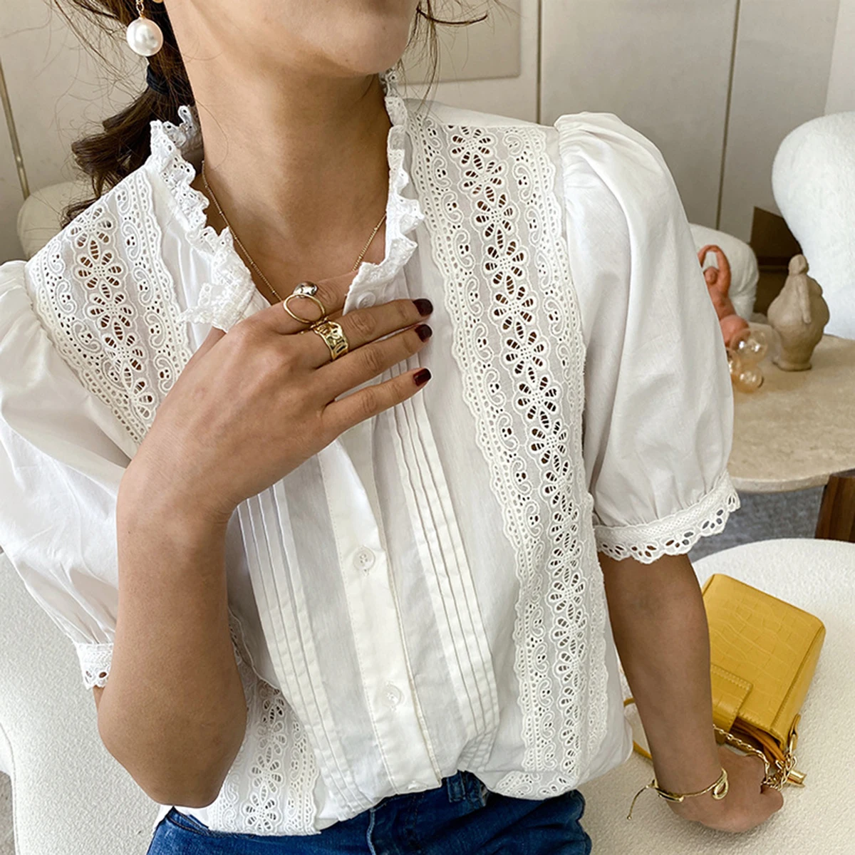 

Women's elegant blouses 2022 summer women blouse embroidered shirts lace chic white short sleeve shirt casual blouses
