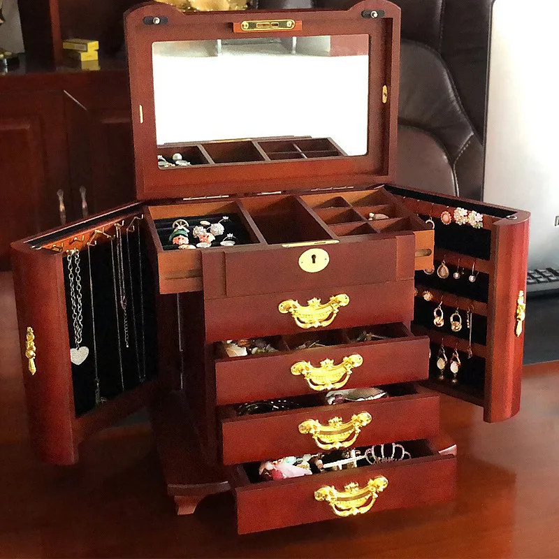 Multi Layer Jewelry Box Storage Organizer Case Large Capacity 360 Wood with Lock Luxury Storage Box Jewelry Drawer Mirror Gift