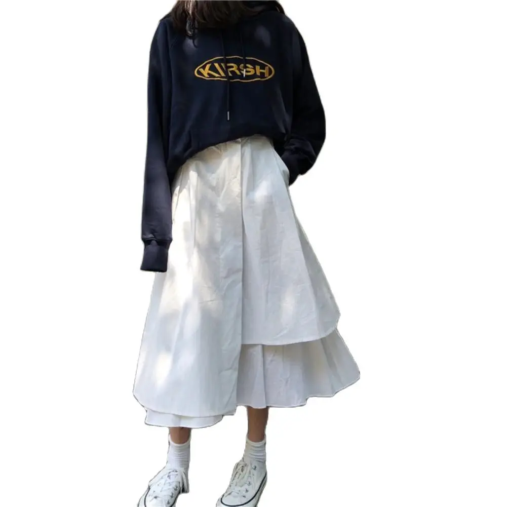 

Fashion Vintage Skirt Women Casual skirt white Loose High Waist Pleated Irregular Hem Long Skirt