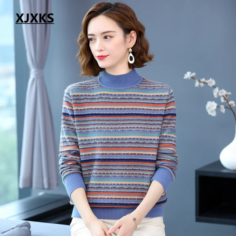 

Женский свитер в полоску XJXKS, модный шерстяной вязаный пуловер с высоким воротником, зима 2022