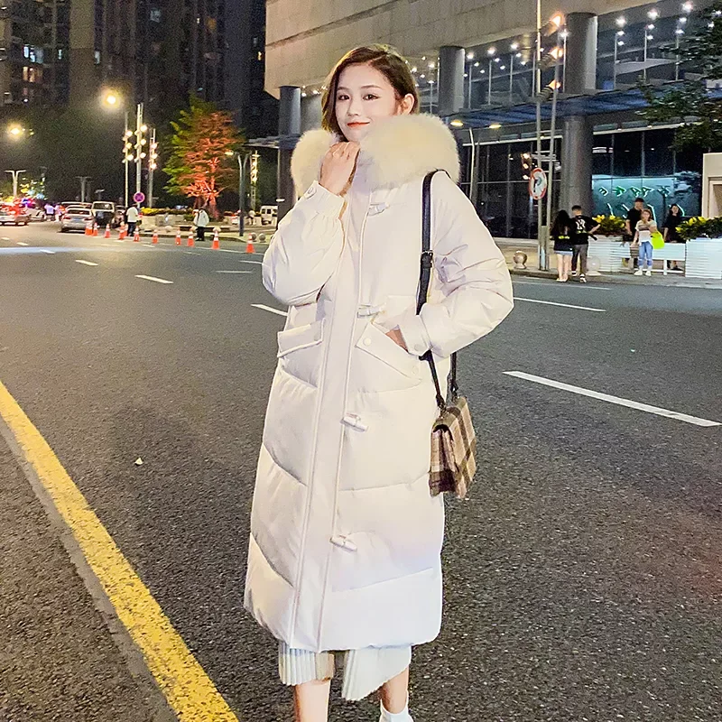 Long Parkas Hooded with Fur Thick Ladies Winter Jackets Long Sleeve Cotton Padded Horn Button Overcoat for Female 2021