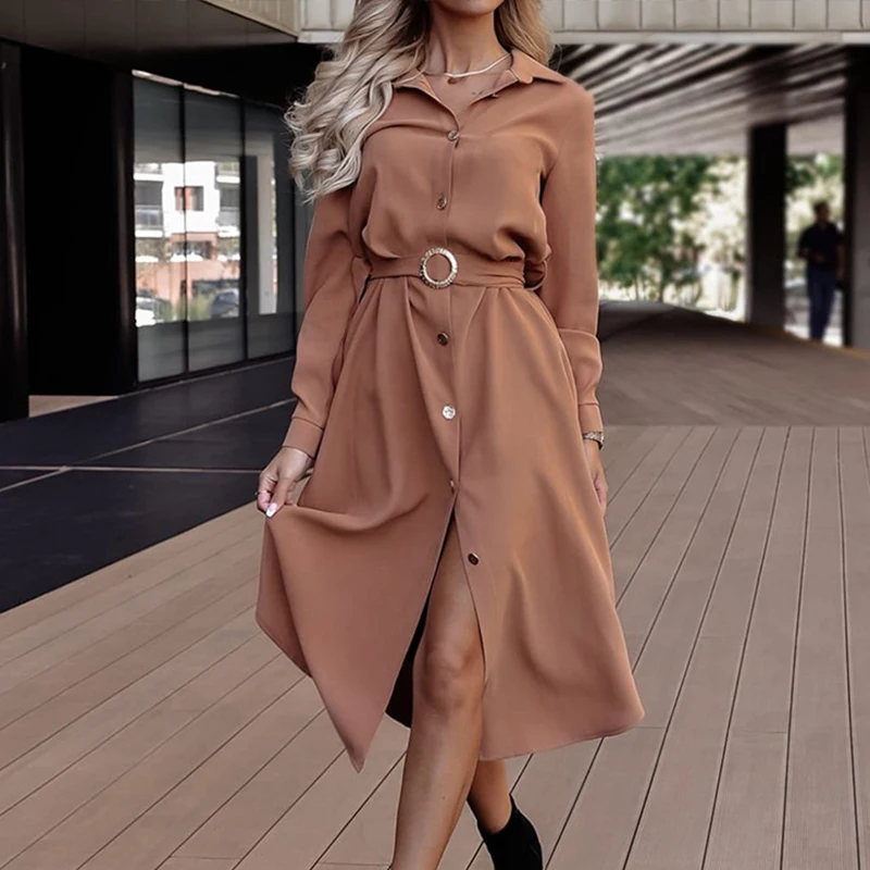 

Fashion Turn Down Collar Button-up Shirts Dress Autumn Long Sleeve Solid Loose Long Dress Commute Ladies Party Dress With Belt