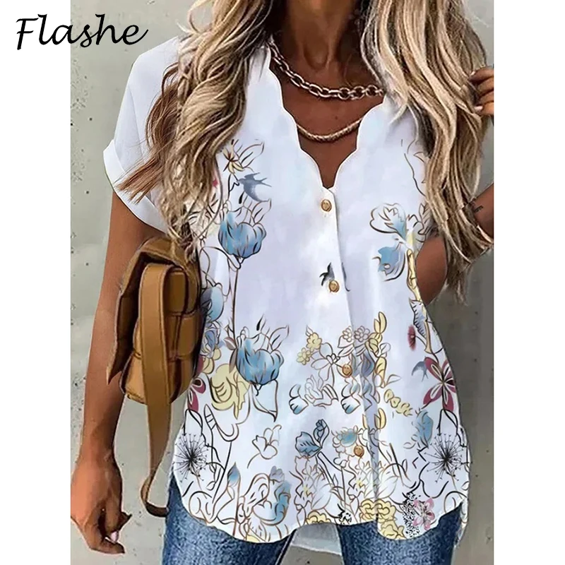 

Fashion Shirt Women V Neck Short Sleeve Women Blouse Office Lady Flower Print Tops Loose Button Design Casual Shirts For Women