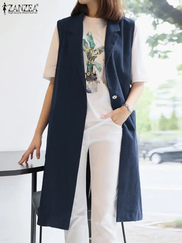 

Модный женский офисный жилет до колена ZANZEA, летняя верхняя одежда с рукавами, Свободный Топ оверсайз, кардиган, повседневная однотонная хло...