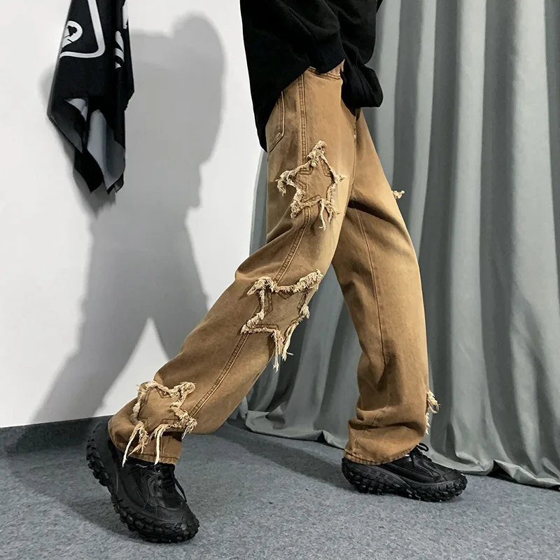2023 New Fashion Stars Towel Embroidery Brown Baggy Men Jeans Pants Y2K Clothes Straight Hip Hop Cotton Trousers Pantalon Homme