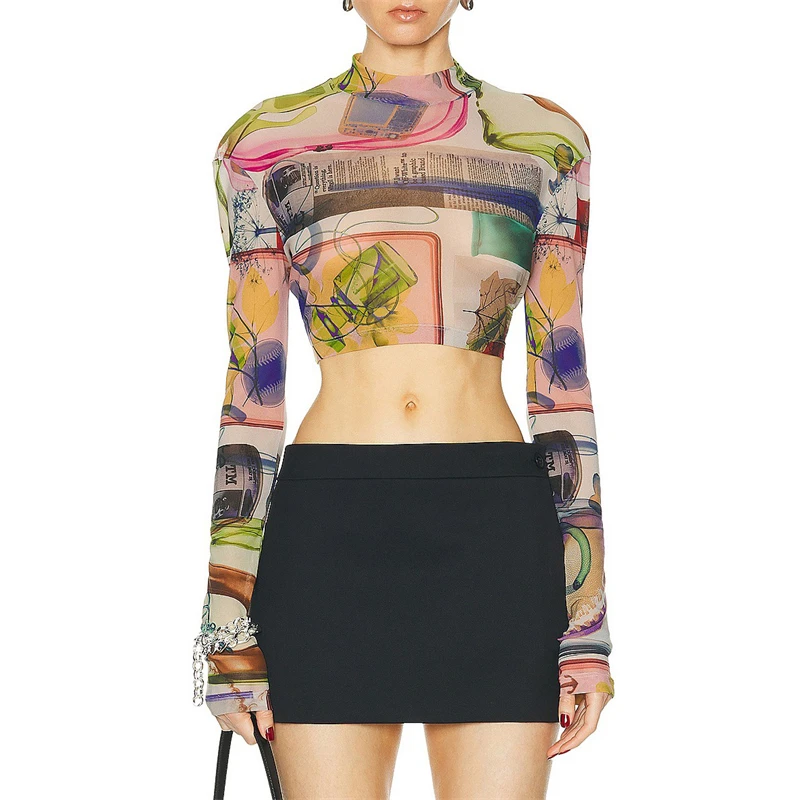 Женская футболка с круглым вырезом Сетчатая длинным рукавом и принтом y2k Модный