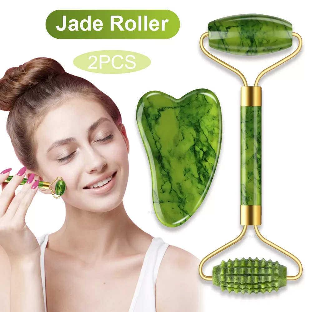 

2PC Face Massager Jade Rollers Facial Skin Care Tools Natural Stone Gouache Scraper For Face Beauty Roller Massagers Set
