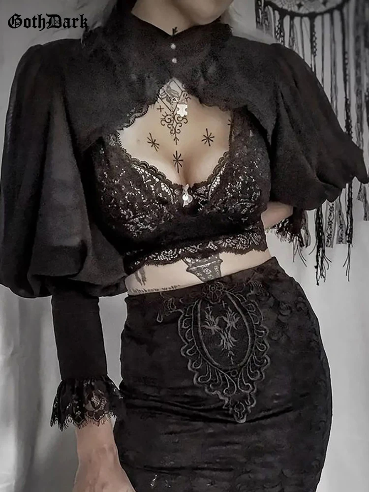 

Goth Dark Vintage Gorgeous Mall Gothic Palace Crop Blouses Women Grunge Black Elegant Alt Shirts Turtleneck Emo Lace Trim Tops