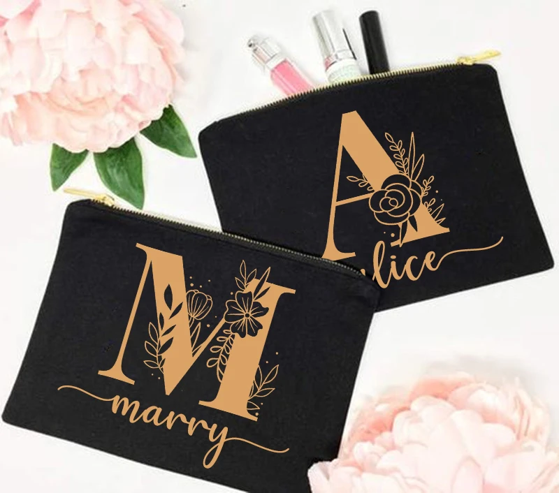 

Индивидуальная сумка для макияжа с именем инициала на заказ, подарки для невесты, косметический Чехол, холщовый чехол для туалетных принадл...