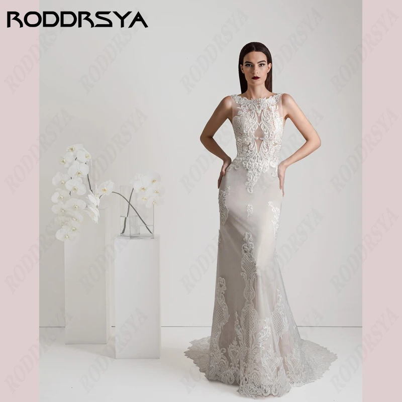 

RODDRSYA Spaghetti Straps Scoop-Neck Wedding Dresses Lace Appliques Mermaid Tulle Bridal Gowns Backless Boho Vestidos De Novia