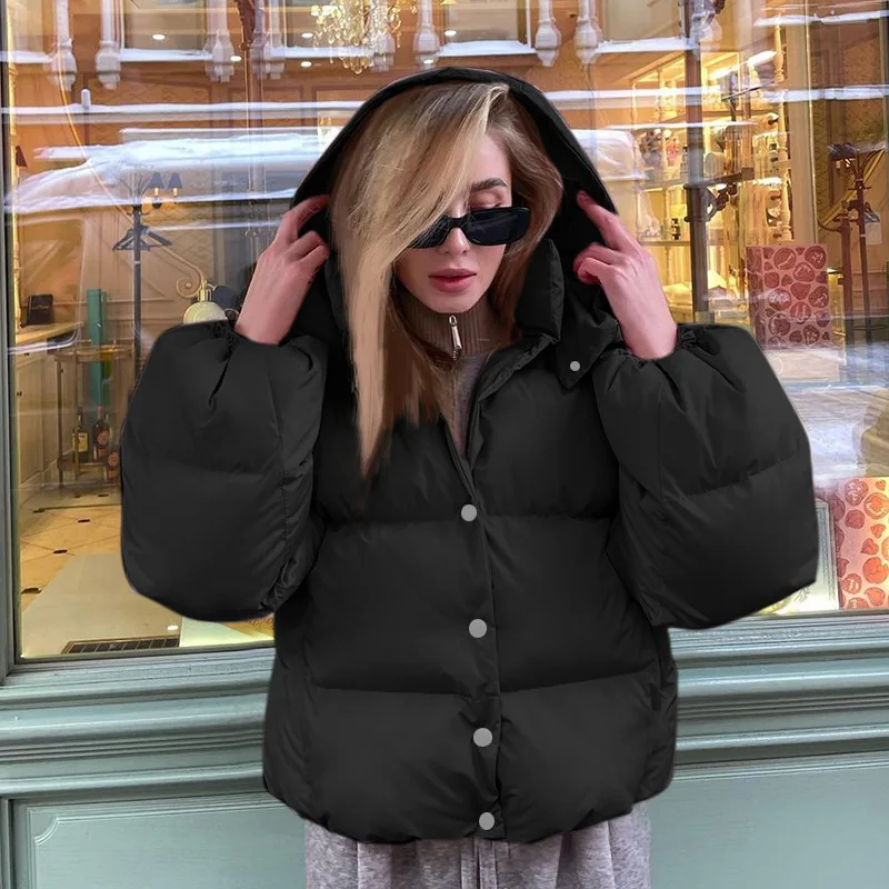 Women's Autumn and Winter Fashion Simple ButtonPadded Jacket Women's New Temperament Short Padded Jacket Solid Color Jacket