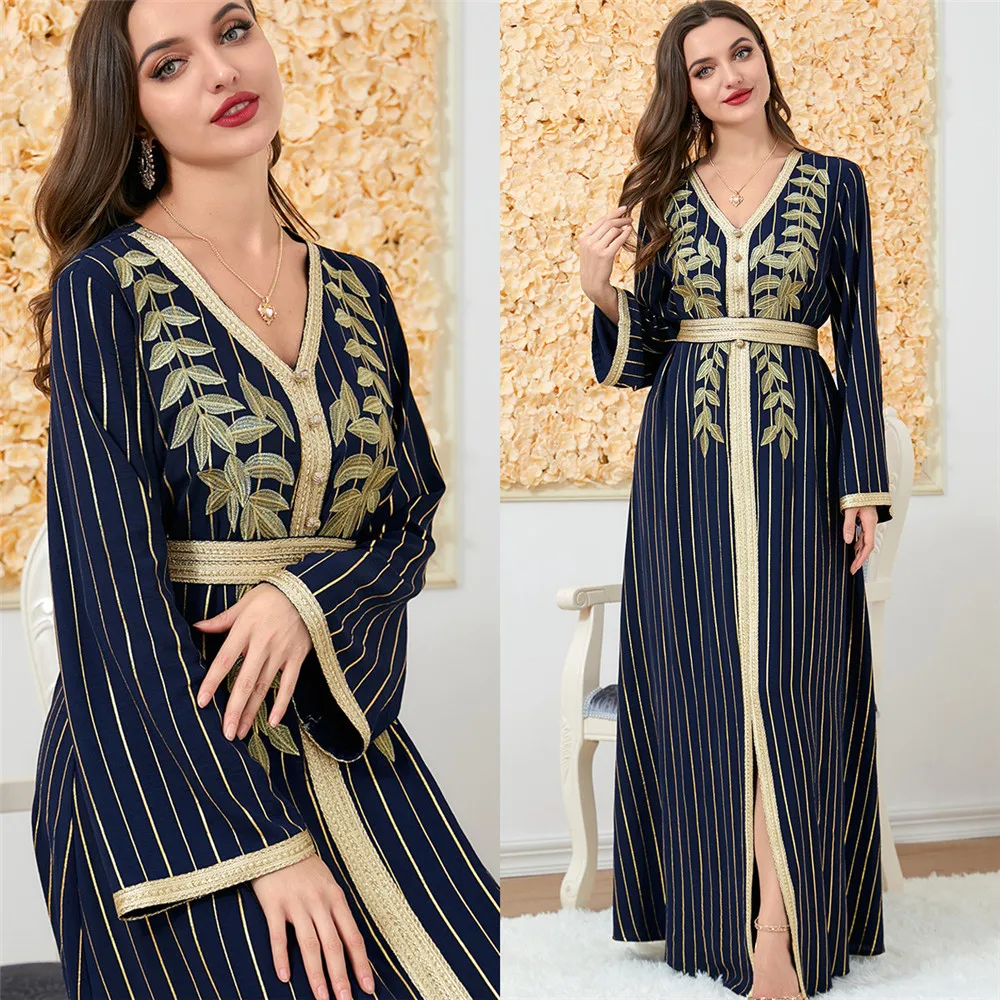 

Turkey Autumn Muslim Dress Dubai Abaya Women Bronzing Stripes Embroidery Morocco Kaftan Long Dress Party Vestidos V-neck Dresses