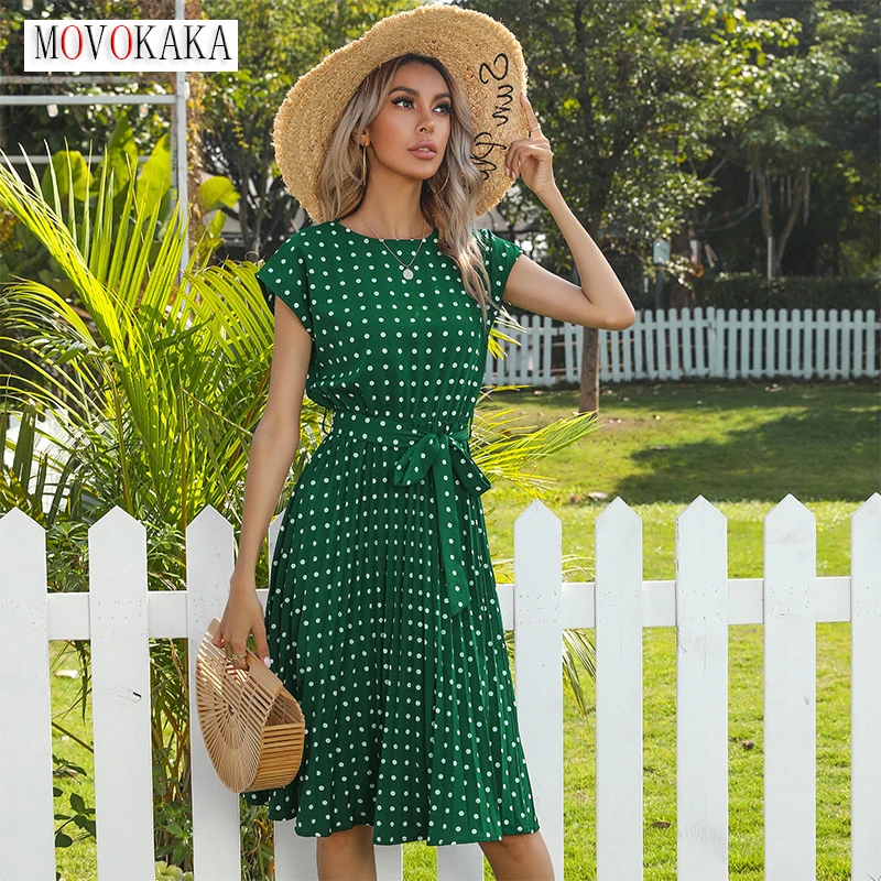 

MOVOKAKA Summer Green Polka Dots Folds Dress Women Elegant Casual Office Lady Vestidos Party O Neck Flying Sleeve Midi Dresses