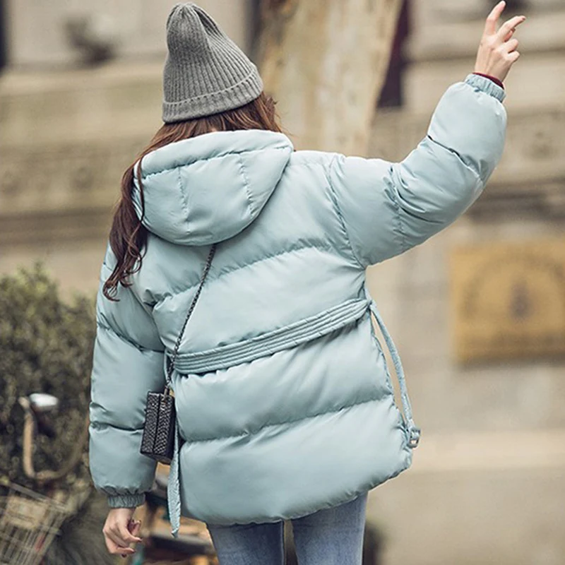2021 Women's Jacket Streetwear Casual Padded Winter Warm Coat Femme Black Parkas with Sashes Hooded Korean Style Women Clothing