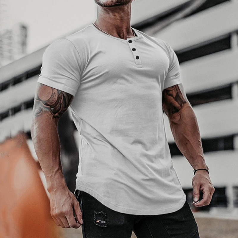 

Футболка мужская стрейчевая с круглым вырезом, коротким рукавом и пуговицами