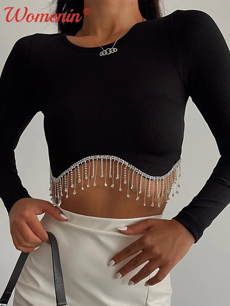 Женские сексуальные Стильные укороченные топы с бахромой Осенние облегающие