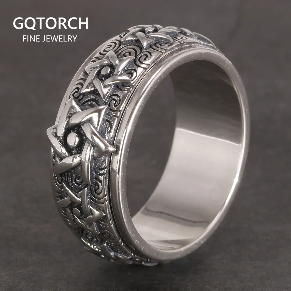 S925 Sterling Silver Rotatable Buddhism Ring Vintage Men's Six-pointed Star Auspicious Cloud Religious Jewelry