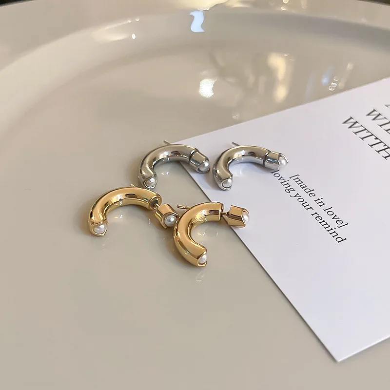 

Minar Minimalist Imitation Pearl Stud Earrings for Women Gold Silver Color Copper Twist C Shape Statement Earring Party Jewelry