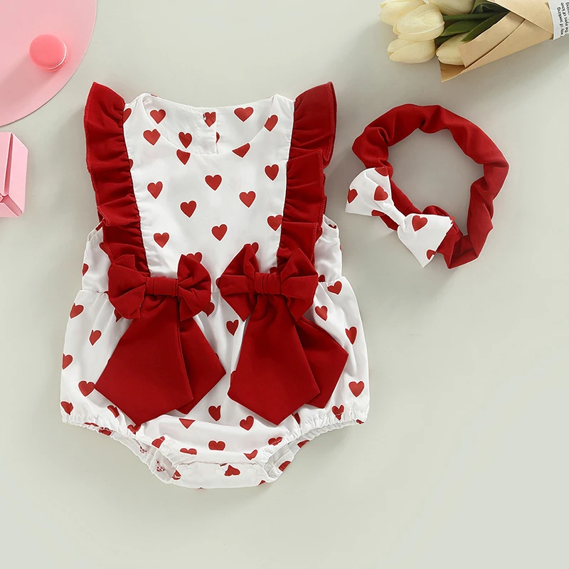 Valentine’s Day InfantBaby Romper Jumpsuit Outfits Sleeveless Bow Front Heart Print Romper with Headband Set
