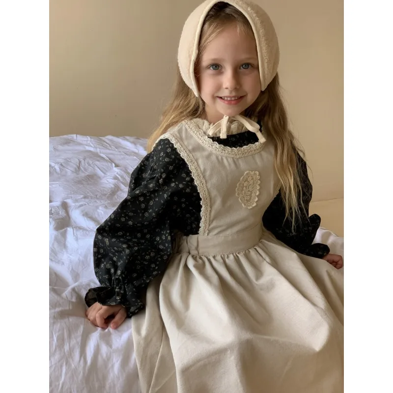 

Children Clothing Set Girls Korean Style 2023 Spring Autumn New Fashion Loose Bubble Sleeve Floral T Shirt Strap Dress Set