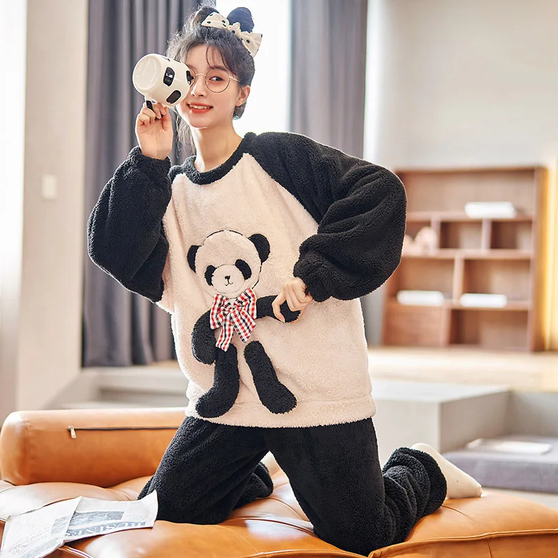 Women Sleepwear Winter Pajamas Coral Fleece Loose Version Pajama Set Inspissate Flannel Pullover Plus Size Cartoon Plush
