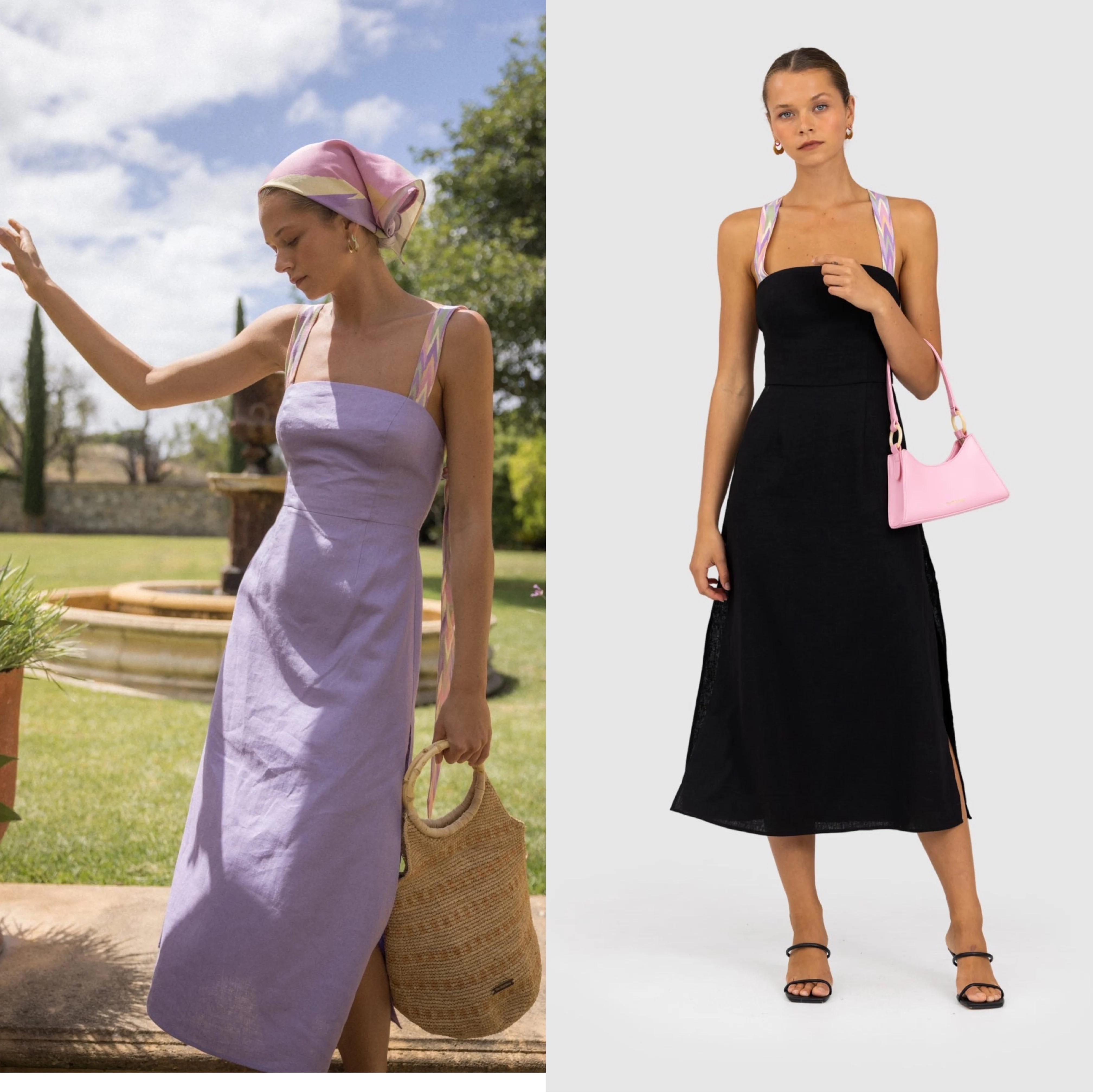 

Women Linen sling Midi Dresses Self-tie Backless Sides Slit lady Beach Style Strapless robe