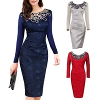 o neck long sleeve pleated waist tight hip wrap elegant dress see through hollow out floral lace gown dress party clothing