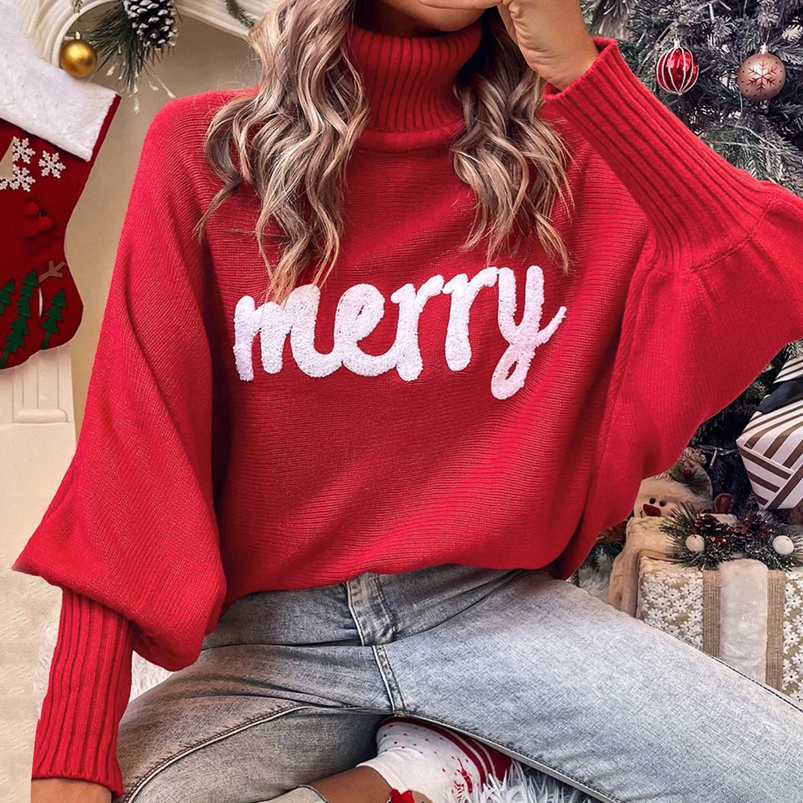 

Winter High Neck Sweater Fashion Merry Letter Print Batwing Sleeves Red New Year Nightclub Knitted Pullover Chirstmas Knitwear