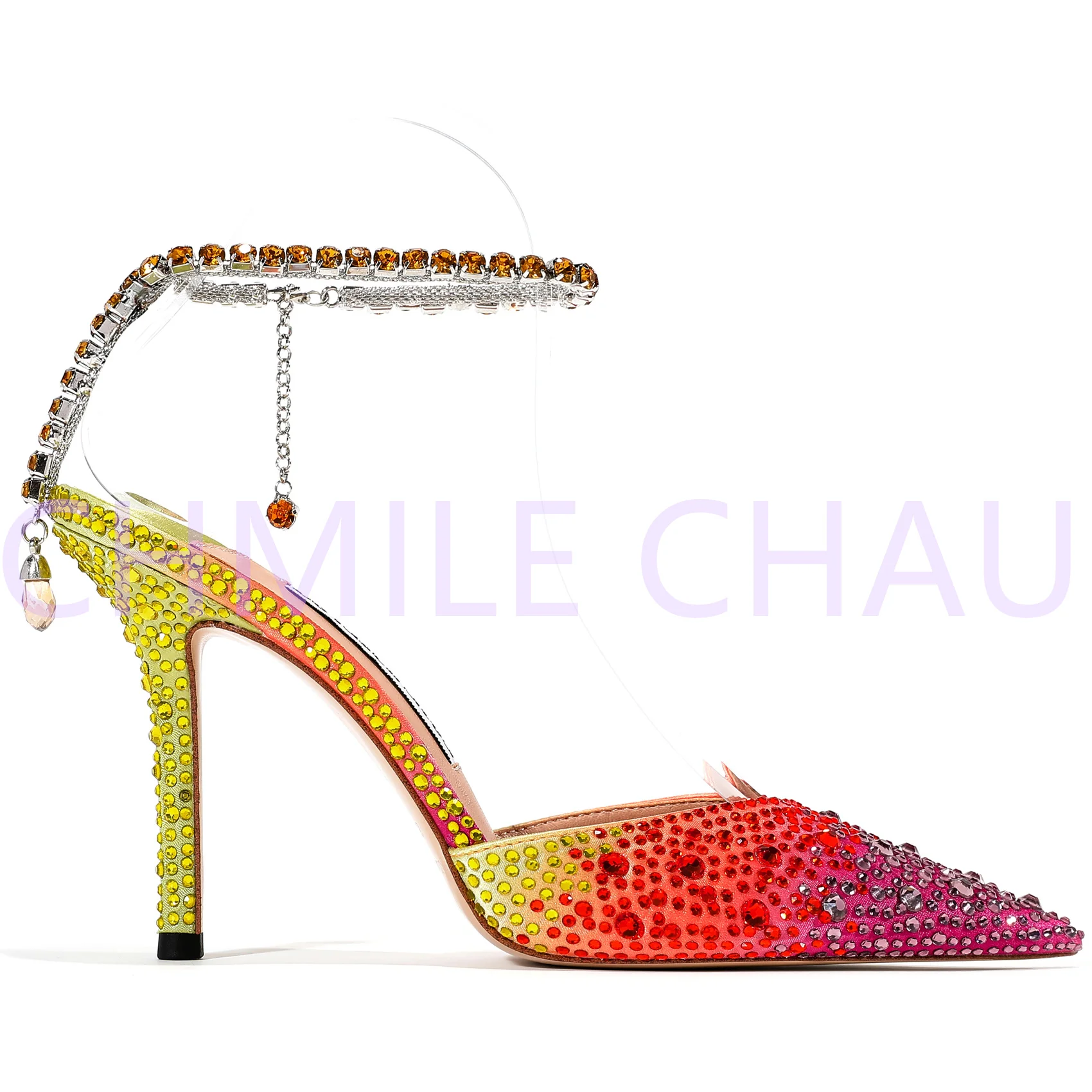 New Bridals Rhinestone Party Sandal for Woman Pointy Toe Crystal Ankle Chain Thin High Heel Shoes Sandalias De Mujer 34-CHC-26