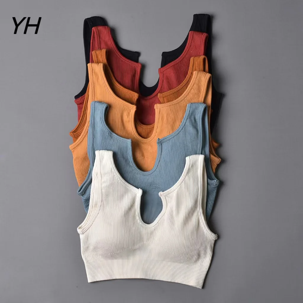 Women Yoga Bra U-neck Vest Tops Nylon Breathable Women Fitness Running Yoga Sports Bra Solid Color Ribbed Sport Wear Bras