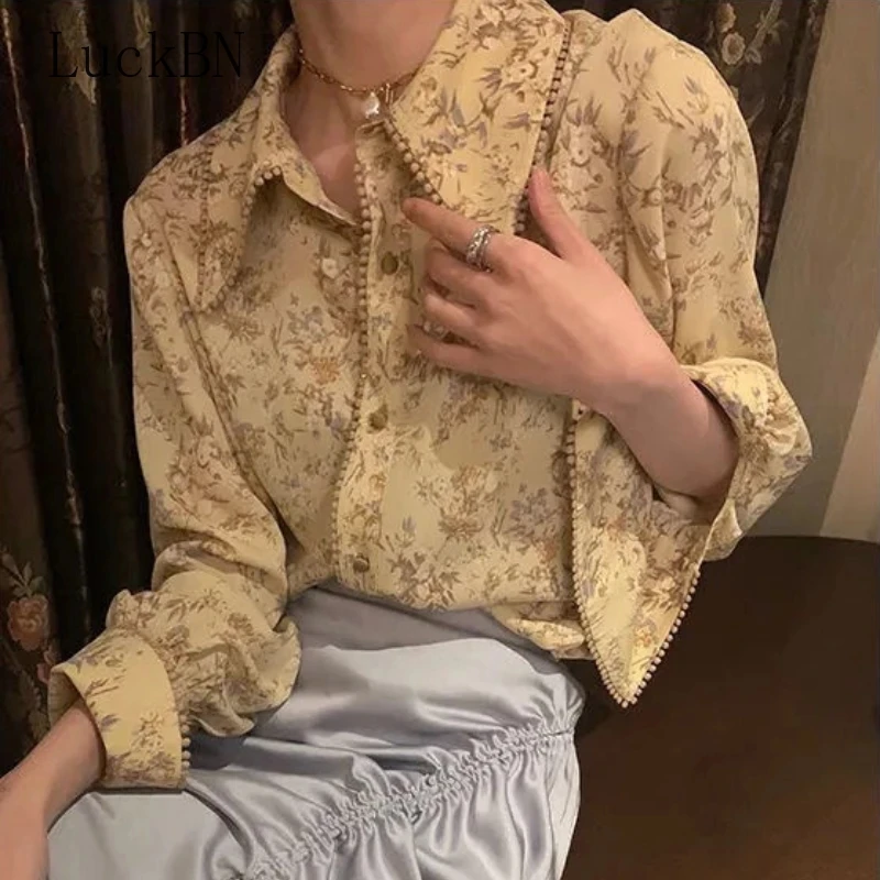 

Vintage Shirt Women Floral Printed Blouses Spring Summer Lapel Long Sleeves Shirts Fashion Cardigan Top Designer Casual Yellow