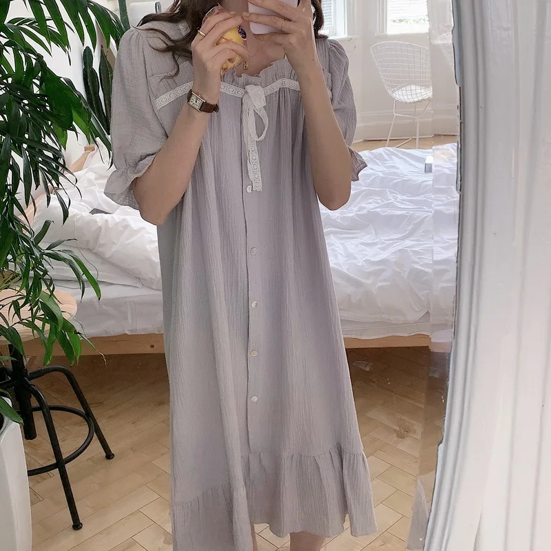 Pajamas Nightdress for Women Cotton Korean Style Home Clothes Lace Decorative Bow Maxi Dress Vestidos Woman Nightgown Sleepwear