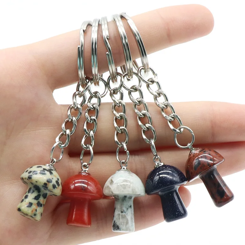 

20pcs Natural Stone Mushroom Key Rings Keychains Healing Pink Crystal Car Decor Key Chain Keyholder for Women Men