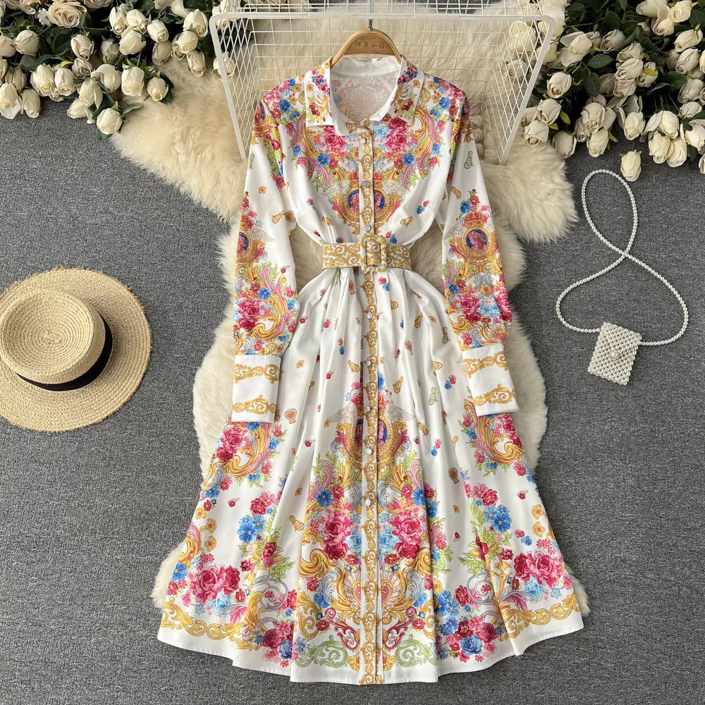 

D136 Women New Fashion Spring Autumn Court Retro Printed Lace Up Slim Long Sleeve Shirts Dress Single Breasted Vestidos