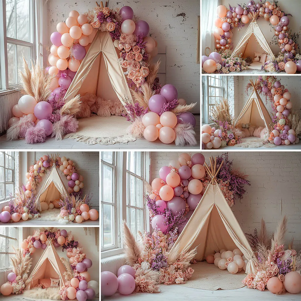 Фото Bohemian Photography Background Colorful Balloon Tent Decoration NeWborn Baby Shower Cake Smash Background Studio Props Banner №1