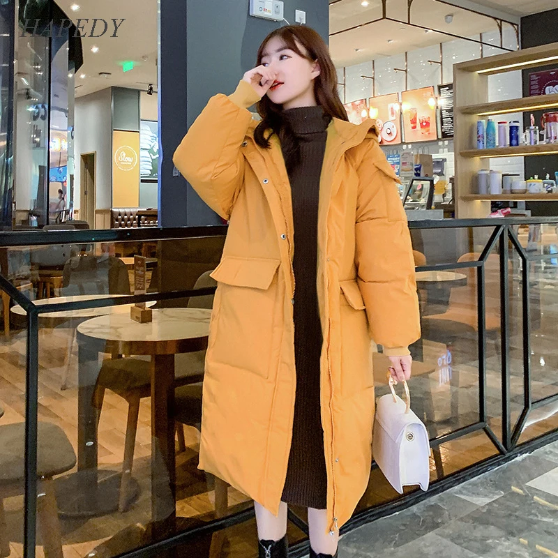 New Long Hooded Winter Down Coat Women Oversize Thick Warm Cotton Zipper Solid Color High Waist Long Sleeve Jacket with Pocket