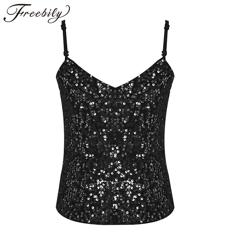 

Kids Girls Sequins Dance Camisoles Sleeveless V Neck Spaghetti Straps Top Stretchy Ballet Jazz Vest Party Stage Show Costume